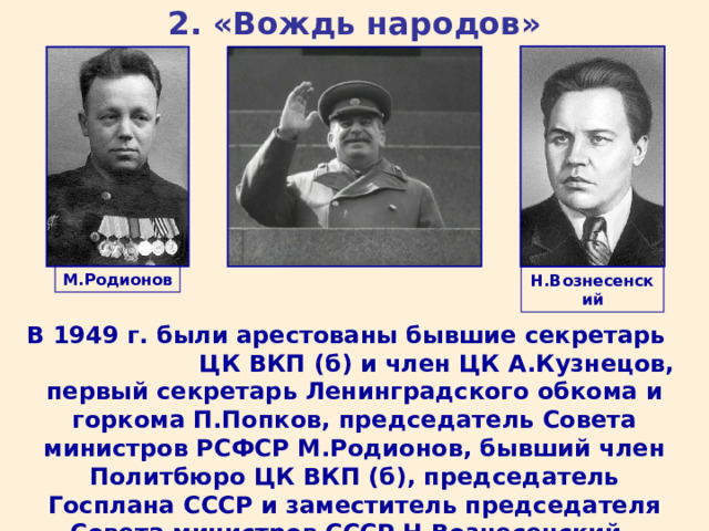 2. «Вождь народов» М.Родионов Н.Вознесенский В 1949 г. были арестованы бывшие секретарь ЦК ВКП (б) и член ЦК А.Кузнецов, первый секретарь Ленинградского обкома и горкома П.Попков, председатель Совета министров РСФСР М.Родионов, бывший член Политбюро ЦК ВКП (б), председатель Госплана СССР и заместитель председателя Совета министров СССР Н.Вознесенский.  