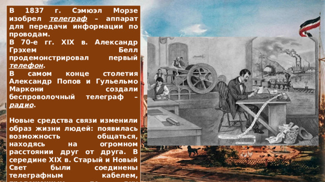В 1837 г. Сэмюэл Морзе изобрел телеграф – аппарат для передачи информации по проводам. В 70-е гг. XIX в. Александр Грэхем Белл продемонстрировал первый телефон . В самом конце столетия Александр Попов и Гульельмо Маркони создали беспроволочный телеграф – радио .  Новые средства связи изменили образ жизни людей: появилась возможность общаться, находясь на огромном расстоянии друг от друга. В середине XIX в. Старый и Новый Свет были соединены телеграфным кабелем, проложенным по дну Атлантического океана.  Это событие показало, что информация также является товаром, который можно выгодно продать. Наиболее дальновидные предприниматели начали вкладывать деньги в развитие науки. 