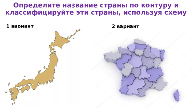 Определите название страны по контуру и классифицируйте эти страны, используя схему 1 вариант 2 вариант 