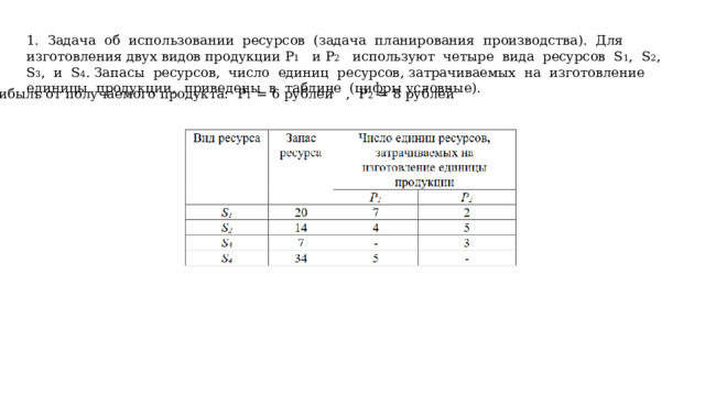 1. Задача об использовании ресурсов (задача планирования производства). Для изготовления двух видов продукции P 1 и P 2 используют четыре вида ресурсов S 1 , S 2 , S 3 , и S 4 . Запасы ресурсов, число единиц ресурсов, затрачиваемых на изготовление единицы продукции, приведены в таблице (цифры условные). Прибыль от получаемого продукта: P 1 = 6 рублей , P 2 = 8 рублей 