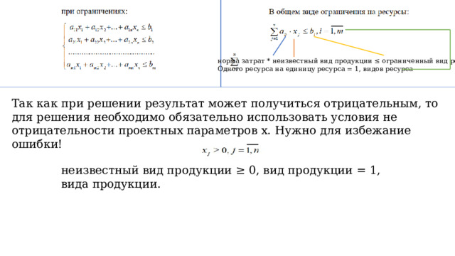 норма затрат * неизвестный вид продукции ≤ ограниченный вид ресурс, Одного ресурса на единицу ресурса = 1, видов ресурса Так как при решении результат может получиться отрицательным, то для решения необходимо обязательно использовать условия не отрицательности проектных параметров х. Нужно для избежание ошибки! неизвестный вид продукции ≥ 0, вид продукции = 1, вида продукции. 