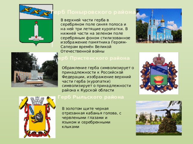 Герб Поныровского района В верхней части герба в серебряном поле синяя полоса и на ней три летящие куропатки. В нижней части на зеленом поле серебряным фоном стилизованное изображение памятника Героям-Саперам времён Великой Отечественной войны Герб Пристенского района Обрамление герба символизирует о принадлежности к Российской Федерации, изображение верхний части герба (куропатки) символизирует о принадлежности района к Курской области Герб Рыльского района В золотом щите черная отрезанная кабанья голова, с червлеными глазами и языком и серебренными клыками 