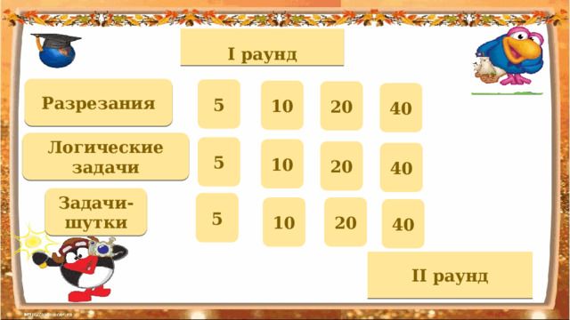I раунд Разрезания 5 10 20 40 Логические задачи 5 10 20 40 Задачи-шутки 5 10 20 40 II раунд 