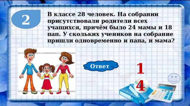 В классе 28 человек. На собрании присутствовали родители всех учащихся, причём было 24 мамы и 18 пап. У скольких учеников на собрание пришли одновременно и папа, и мама? 2 14 Ответ  