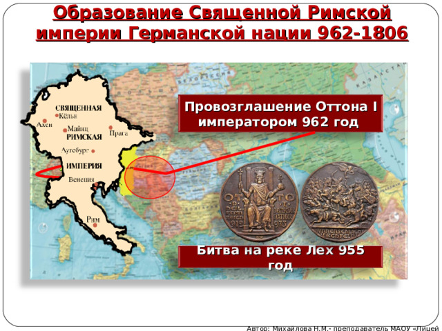 Образование Священной Римской империи Германской нации 962-1806 Провозглашение Оттона I императором 962 год Битва на реке Лех 955 год Автор: Михайлова Н.М.- преподаватель МАОУ «Лицей № 21» 
