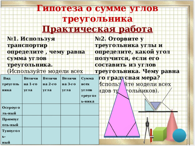 Гипотеза о сумме углов треугольника  Практическая работа № 1. Используя транспортир определите , чему равна сумма углов треугольника. (Используйте модели всех видов треугольников). № 2. Оторвите у треугольника углы и определите, какой угол получится, если его составить из углов треугольника. Чему равна его градусная мера? (Используйте модели всех видов треугольников).  Вид треугольника Остроуголь-ный Величина 1-го угла Прямоуголь-ный Величина 2-го угла   Тупоуголь- ный     Величина 3-го угла       Сумма всех углов треуголь-ника             