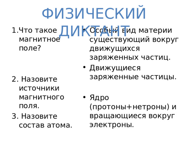 Физический Диктант 1.Что такое магнитное поле? Особый вид материи существующий вокруг движущихся заряженных частиц. Движущиеся заряженные частицы. Ядро (протоны+нетроны) и вращающиеся вокруг электроны. 2. Назовите источники магнитного поля. 3. Назовите состав атома. 