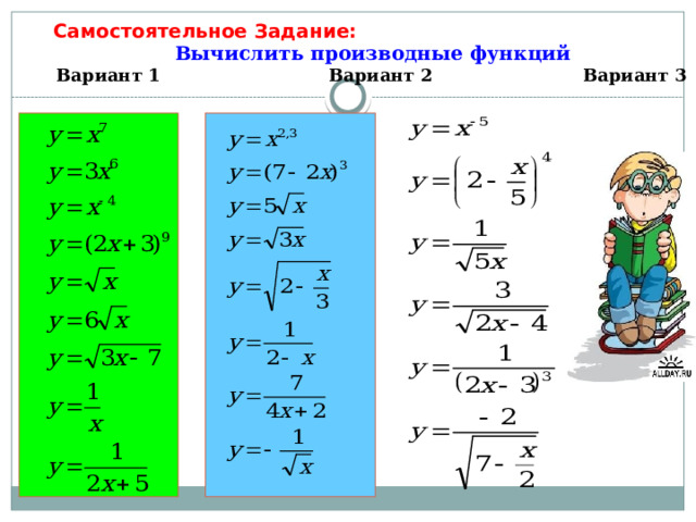 Самостоятельное Задание: Вычислить производные функций Вариант 1 Вариант 2 Вариант 3  