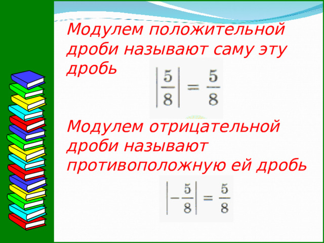 Модулем положительной дроби называют саму эту дробь Модулем отрицательной дроби называют противоположную ей дробь 24 