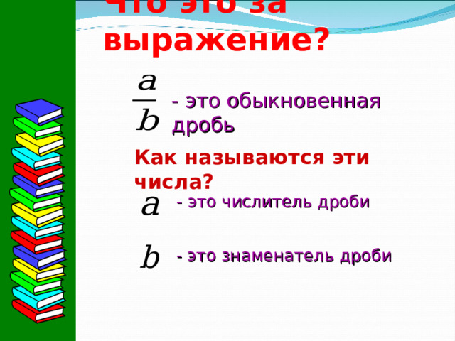 Что это за выражение? - это обыкновенная дробь Как называются эти числа? a  - это числитель дроби b - это знаменатель дроби 
