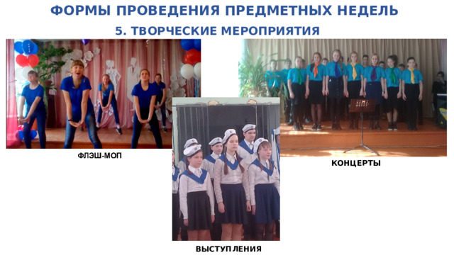 ФОРМЫ ПРОВЕДЕНИЯ ПРЕДМЕТНЫХ НЕДЕЛЬ   5. ТВОРЧЕСКИЕ МЕРОПРИЯТИЯ КОНЦЕРТЫ ВЫСТУПЛЕНИЯ 