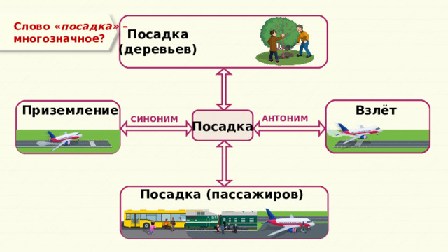 Слово « посадка» – многозначное? Посадка (деревьев) Взлёт Приземление АНТОНИМ СИНОНИМ Посадка Посадка (пассажиров) 