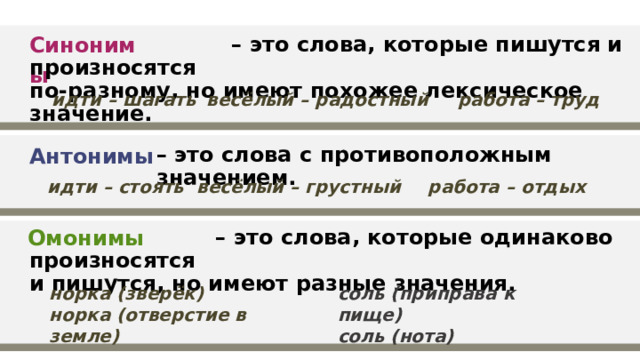 Синонимы – это слова, которые пишутся и произносятся по-разному, но имеют похожее лексическое значение. работа – труд идти – шагать весёлый – радостный Антонимы – это слова с противоположным значением. весёлый – грустный работа – отдых идти – стоять Омонимы – это слова, которые одинаково произносятся и пишутся, но имеют разные значения. норка (зверёк) норка (отверстие в земле) соль (приправа к пище) соль (нота) 