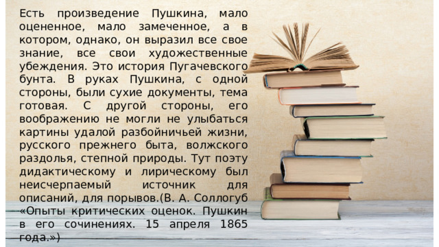 Есть произведение Пушкина, мало оцененное, мало замеченное, а в котором, однако, он выразил все свое знание, все свои художественные убеждения. Это история Пугачевского бунта. В руках Пушкина, с одной стороны, были сухие документы, тема готовая. С другой стороны, его воображению не могли не улыбаться картины удалой разбойничьей жизни, русского прежнего быта, волжского раздолья, степной природы. Тут поэту дидактическому и лирическому был неисчерпаемый источник для описаний, для порывов.(В. А. Соллогуб «Опыты критических оценок. Пушкин в его сочинениях. 15 апреля 1865 года.») 