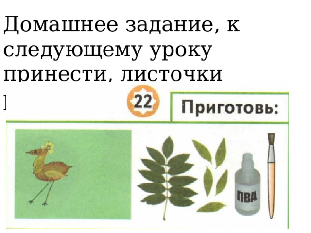 Домашнее задание, к следующему уроку принести, листочки разных размеров: 