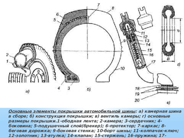     Основные элементы покрышки автомобильной шины : а) камерная шина в сборе; б) конструкция покрышки; в) вентиль камеры; г) основные размеры покрышки.1-ободная лента; 2-камера; 3-сердечник; 4-боковина; 5-подушечный слой(брекер); 6-протектор; 7-каркас; 8-беговая дорожка; 9-боковая стенка; 10-борт шины; 11-колпачок-ключ; 12-золотник; 13-втулка; 14-клапан; 15-стержень; 16-пружина; 17-корпус; 18-гайка; 19-шайбы; 20-фланец; В-ширина шины; d-посадочный диаметр 
