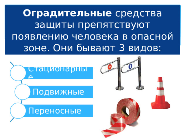 Оградительные средства защиты препятствуют появлению человека в опасной зоне. Они бывают 3 видов: Стационарные Подвижные Переносные 