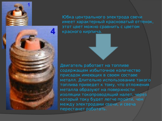 Юбка центрального электрода свечи имеет характерный красноватый оттенок, этот цвет можно сравнить с цветом красного кирпича. Двигатель работает на топливе содержащем избыточное количество присадок имеющих в своем составе металл. Длительно использование такого топлива приведет к тому, что отложения металла образуют на поверхности изоляции токопроводящий налет, через который току будет легче пройти, чем между электродами свечи, и свеча перестанет работать. 