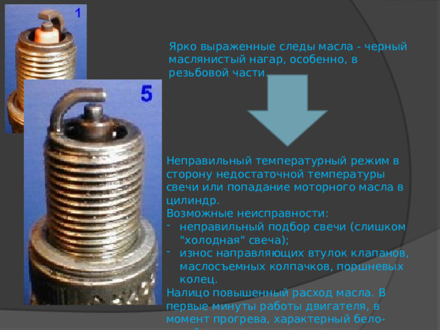 Ярко выраженные следы масла - черный маслянистый нагар, особенно, в резьбовой части. Неправильный температурный режим в сторону недостаточной температуры свечи или попадание моторного масла в цилиндр. Возможные неисправности: неправильный подбор свечи (слишком 