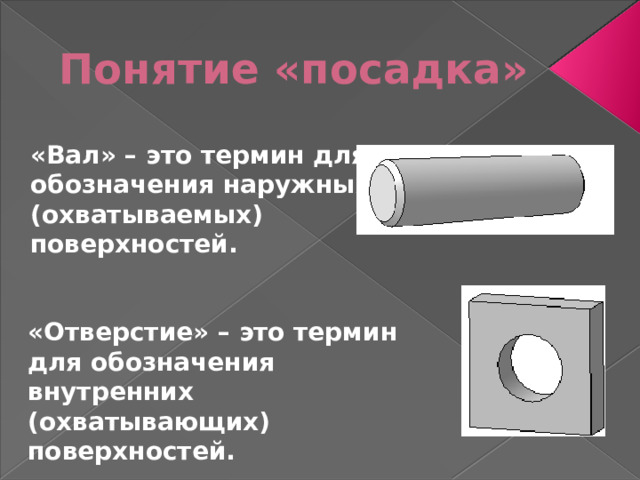 Понятие «посадка» «Вал» – это термин для обозначения наружных (охватываемых) поверхностей. «Отверстие» – это термин для обозначения внутренних (охватывающих) поверхностей. 