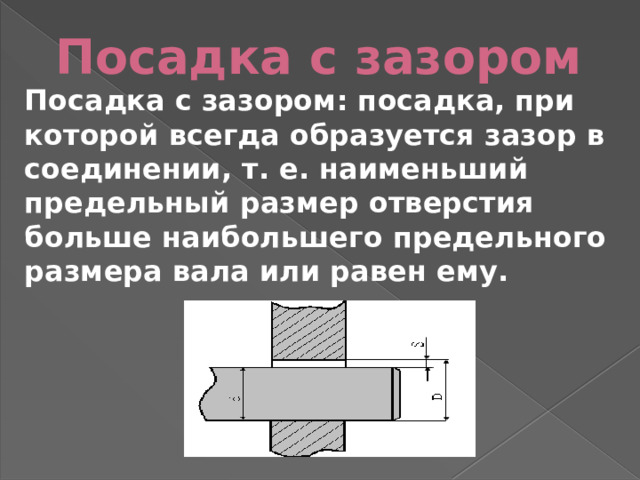 Посадка с зазором Посадка с зазором: посадка, при которой всегда образуется зазор в соединении, т. е. наименьший предельный размер отверстия больше наибольшего предельного размера вала или равен ему. 