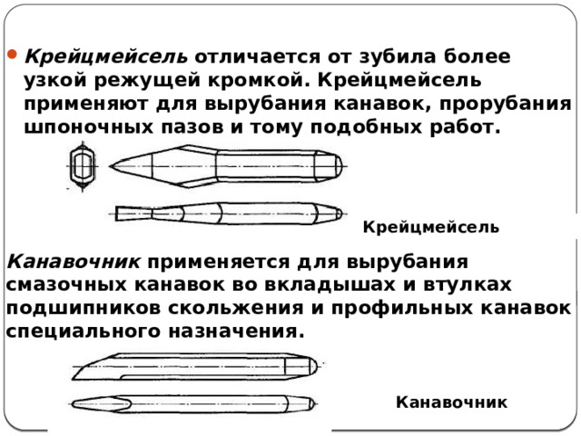 Крейцмейсель отличается от зубила более узкой режущей кромкой. Крейцмейсель применяют для вырубания канавок, прорубания шпоночных пазов и тому подобных работ. Крейцмейсель Канавочник применяется для вырубания смазочных канавок во вкладышах и втулках подшипников скольжения и профильных канавок специального назначения. Канавочник  