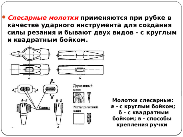 Слесарные молотки применяются при рубке в качестве ударного инструмента для создания силы резания и бывают двух видов - с круглым  и квадратным бойком. Молотки слесарные: а - с круглым бойком; б - с квадратным бойком; в - способы крепления ручки  