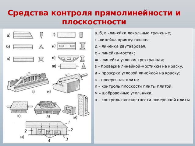 Средства контроля прямолинейности и плоскостности а. б, в –линейки лекальные граненые;  г –линейка прямоугольная;  д – линейка двутавровая;  е – линейка-мостик;  ж – линейка угловая трехгранная;  з – проверка линейкой-мостиком на краску;  и – проверка угловой линейкой на краску;  к – поверочная плита;  л – контроль плоскости плиты плитой;  м – шабровочные угольники;  н – контроль плоскостности поверочной плиты  