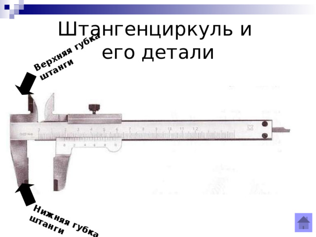 Верхняя губка штанги Нижняя губка штанги Штангенциркуль и  его детали 