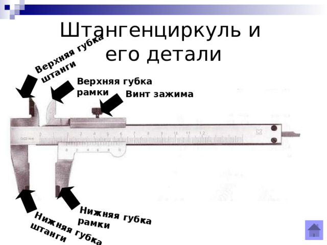 Верхняя губка штанги Нижняя губка штанги Нижняя губка рамки Штангенциркуль и  его детали Верхняя губка рамки Винт зажима 