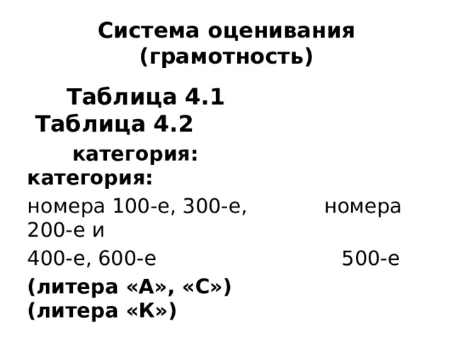 Система оценивания (грамотность)  Таблица 4.1 Таблица 4.2  категория: категория: номера 100-е, 300-е, номера 200-е и 400-е, 600-е 500-е (литера «А», «С») (литера «К») 