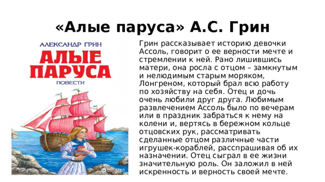 «Алые паруса» А.С. Грин Грин рассказывает историю девочки Ассоль, говорит о ее верности мечте и стремлении к ней. Рано лишившись матери, она росла с отцом – замкнутым и нелюдимым старым моряком, Лонгреном, который брал всю работу по хозяйству на себя. Отец и дочь очень любили друг друга. Любимым развлечением Ассоль было по вечерам или в праздник забраться к нему на колени и, вертясь в бережном кольце отцовских рук, рассматривать сделанные отцом различные части игрушек-кораблей, расспрашивая об их назначении. Отец сыграл в ее жизни значительную роль. Он заложил в ней искренность и верность своей мечте. 