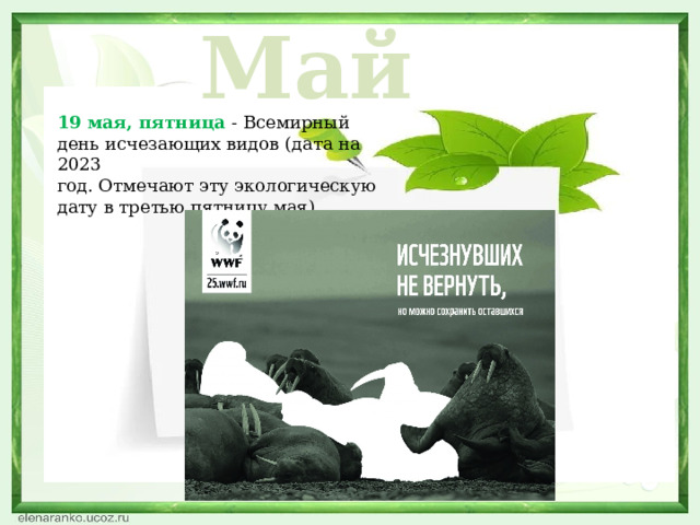Май 19 мая, пятница - Всемирный день исчезающих видов (дата на 2023 год. Отмечают эту экологическую дату в третью пятницу мая)  