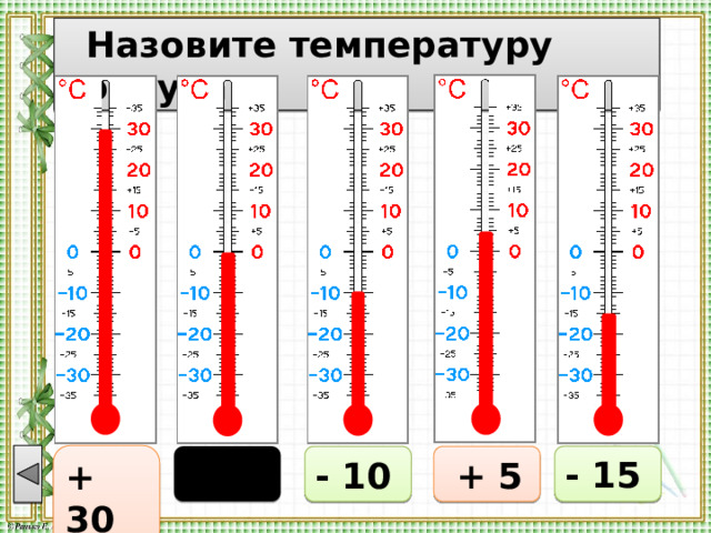  Назовите температуру воздуха + 30 - 15  0 - 10  + 5 