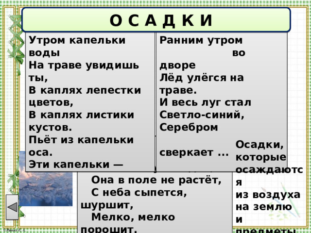  О С А Д К И Утром капельки воды На траве увидишь ты, В каплях лепестки цветов, В каплях листики кустов. Пьёт из капельки оса. Эти капельки — Ранним утром  во дворе  Лёд улёгся на траве.  И весь луг стал Светло-синий,  Серебром  сверкает ...  и н е й р о с а Осадки, которые  Что за чудная крупа? осаждаются  Она в кашу не идёт,  Она в поле не растёт, из воздуха на землю  С неба сыпется, шуршит,  Мелко, мелко порошит. и предметы.   снежная крупа 