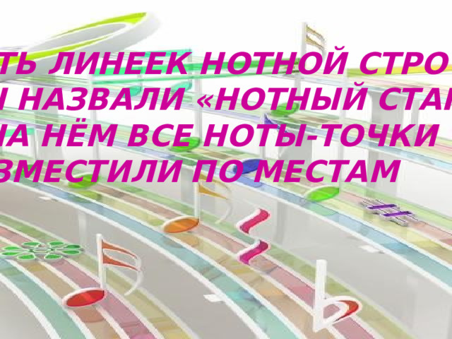 ПЯТЬ ЛИНЕЕК НОТНОЙ СТРОЧКИ МЫ НАЗВАЛИ «НОТНЫЙ СТАН». И НА НЁМ ВСЕ НОТЫ-ТОЧКИ РАЗМЕСТИЛИ ПО МЕСТАМ 