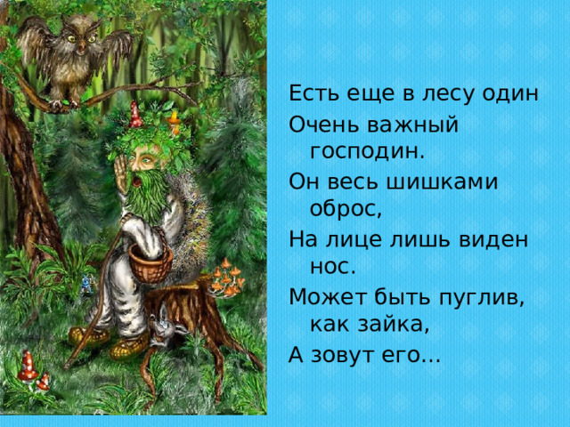 Есть еще в лесу один Очень важный господин. Он весь шишками оброс, На лице лишь виден нос. Может быть пуглив, как зайка, А зовут его... 