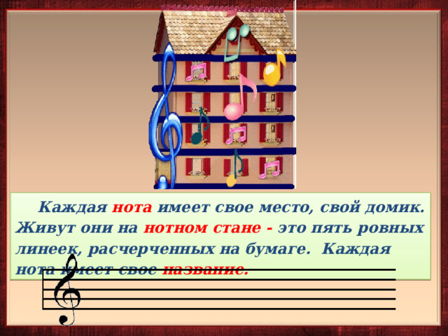  Каждая нота имеет свое место, свой домик. Живут они на нотном стане - это пять ровных линеек, расчерченных на бумаге. Каждая нота имеет свое название. 