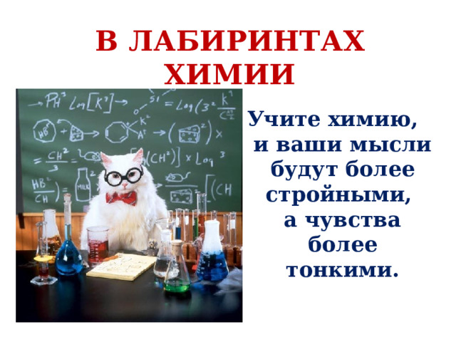 В ЛАБИРИНТАХ ХИМИИ   Учите химию,  и ваши мысли будут более стройными,  а чувства более тонкими.   