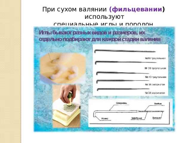 При сухом валянии (фильцевании ) используют  специальные иглы и поролон. 