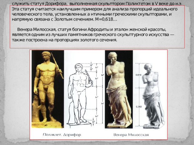   Одним из высших достижений классического греческого искусства может служить статуя Дорифора, выполненная скульптором Поликтетом в V веке до н.э. Эта статуя считается наилучшим примером для анализа пропорций идеального человеческого тела, установленных а нтичными греческими скульпторами, и напрямую связана с Золотым сечением. М=0,618…   Венера Милосская, статуя богини Афродиты и эталон женской красоты, является одним из лучших памятников греческого скульптурного искусства — также построена на пропорциях золотого сечения.   