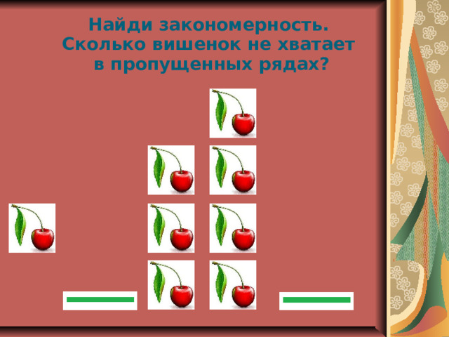 Найди закономерность. Сколько вишенок не хватает в пропущенных рядах? 