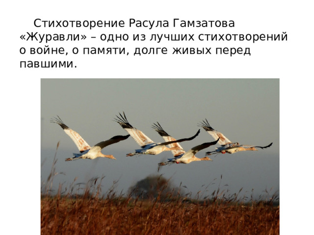  Стихотворение Расула Гамзатова «Журавли» – одно из лучших стихотворений о войне, о памяти, долге живых перед павшими. 