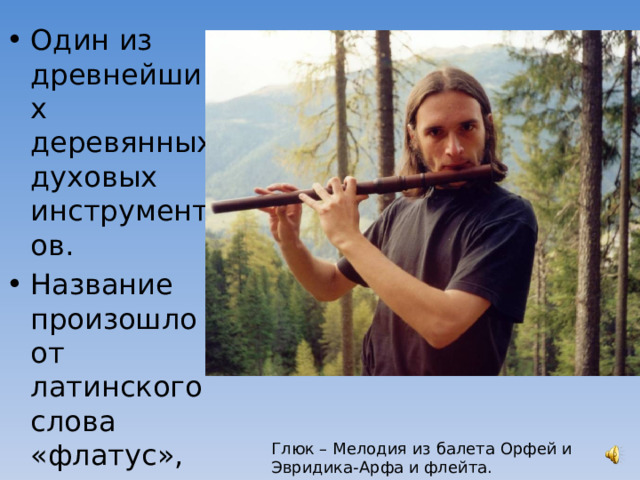 Один из древнейших деревянных духовых инструментов. Название произошло от латинского слова «флатус», что значит дуновение. Глюк – Мелодия из балета Орфей и Эвридика-Арфа и флейта. 