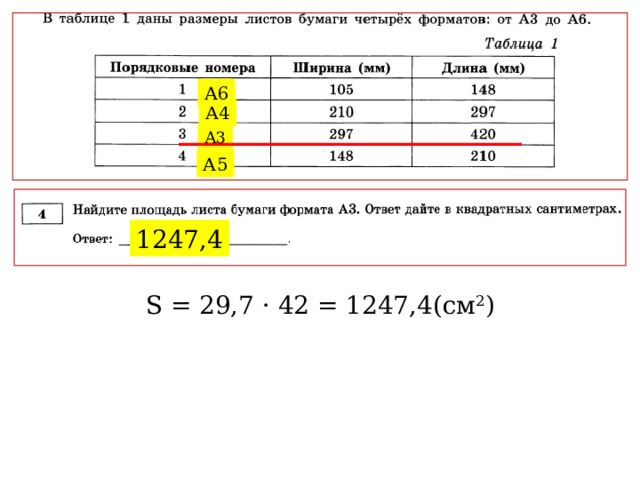 А6 А4 А3 А5 1247,4 S = 29,7 · 42 = 1247,4(см 2 ) 