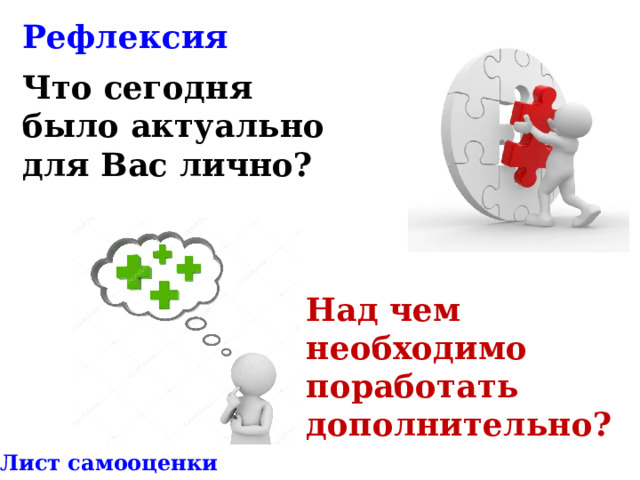 Рефлексия Что сегодня было актуально для Вас лично? Над чем необходимо поработать дополнительно? * Лист самооценки 