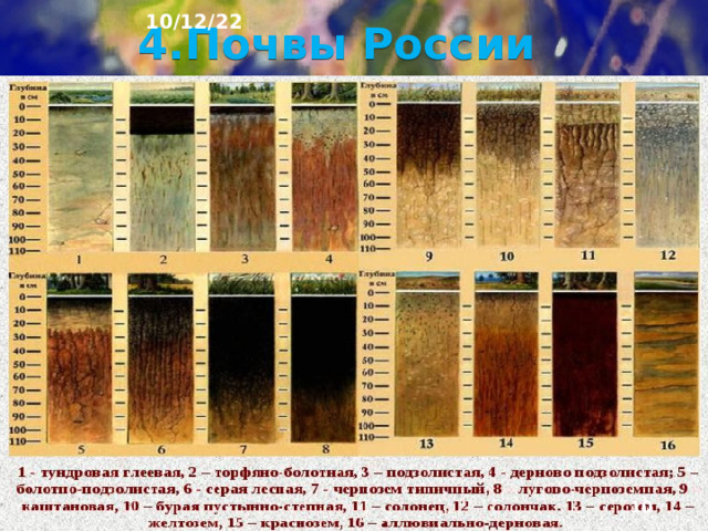 10/12/22 3. Зональные почвы России четко выраже­но зональное размещение почв. Это связано с боль­шой протяженностью страны с севера на юг и с преобладанием равнинного рельефа.  