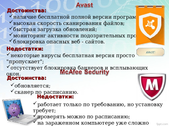 Достоинства: наличие бесплатной полной версии программы; высокая скорость сканирования файлов; быстрая загрузка обновлений; мониторинг активности подозрительных программ; блокировка опасных веб - сайтов. Недостатки: некоторые вирусы бесплатная версия просто 