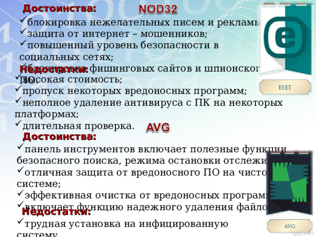 Достоинства: блокировка нежелательных писем и рекламы; защита от интернет – мошенников; повышенный уровень безопасности в социальных сетях; блокировка фишинговых сайтов и шпионского ПО. Недостатки: высокая стоимость; пропуск некоторых вредоносных программ; неполное удаление антивируса с ПК на некоторых платформах; длительная проверка. Достоинства: панель инструментов включает полезные функции безопасного поиска, режима остановки отслеживания; отличная защита от вредоносного ПО на чистой системе; эффективная очистка от вредоносных программ; включает функцию надежного удаления файлов. Недостатки: трудная установка на инфицированную систему. 