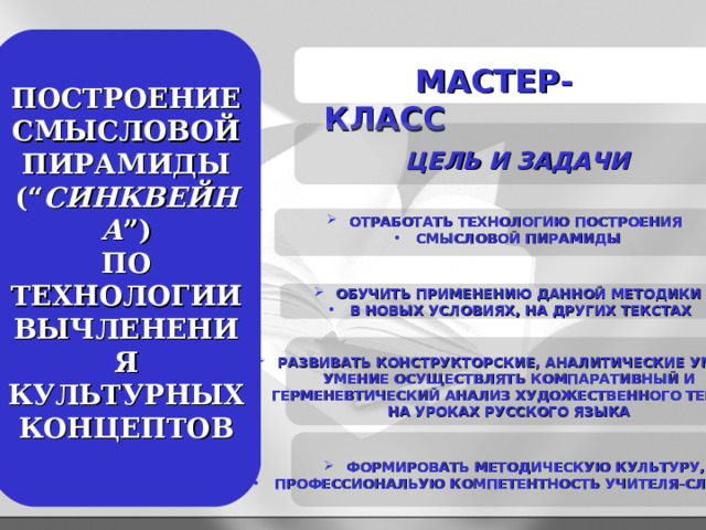    МАСТЕР-КЛАСС ПОСТРОЕНИЕ СМЫСЛОВОЙ ПИРАМИДЫ (“ СИНКВЕЙНА ”) ПО ТЕХНОЛОГИИ ВЫЧЛЕНЕНИЯ КУЛЬТУРНЫХ КОНЦЕПТОВ ЦЕЛЬ И ЗАДАЧИ ОТРАБОТАТЬ ТЕХНОЛОГИЮ ПОСТРОЕНИЯ СМЫСЛОВОЙ ПИРАМИДЫ ОБУЧИТЬ ПРИМЕНЕНИЮ ДАННОЙ МЕТОДИКИ В НОВЫХ УСЛОВИЯХ, НА ДРУГИХ ТЕКСТАХ РАЗВИВАТЬ КОНСТРУКТОРСКИЕ, АНАЛИТИЧЕСКИЕ УМЕНИЯ, УМЕНИЕ ОСУЩЕСТВЛЯТЬ КОМПАРАТИВНЫЙ И ГЕРМЕНЕВТИЧЕСКИЙ АНАЛИЗ ХУДОЖЕСТВЕННОГО ТЕКСТА НА УРОКАХ РУССКОГО ЯЗЫКА ФОРМИРОВАТЬ МЕТОДИЧЕСКУЮ КУЛЬТУРУ, ПРОФЕССИОНАЛЬУЮ КОМПЕТЕНТНОСТЬ УЧИТЕЛЯ-СЛОВЕСИКА 